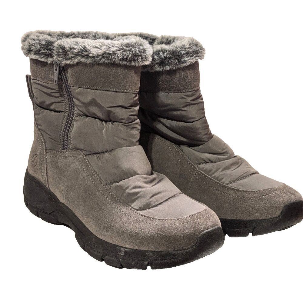 Lands’ End Winter Boots Womens 8B Suede Gray Faux Fur Puffer Cabincore Gorpcore